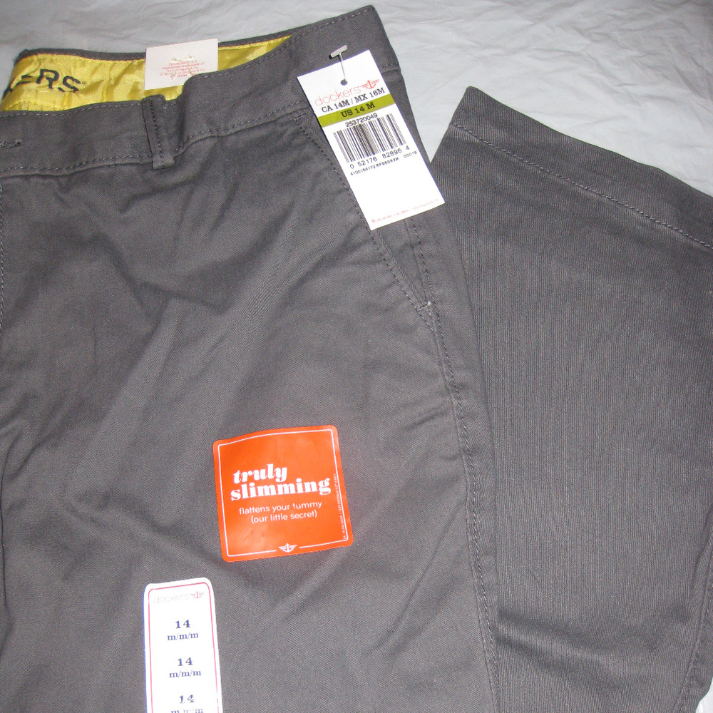 NEW - Dockers pants, DARK GRAY, YELLOW Size 14 or large Reg 12 WOMENS